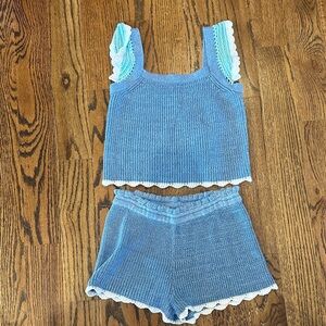 Design History Girls M Blue Knit Tank and Shorts Set with White Trim